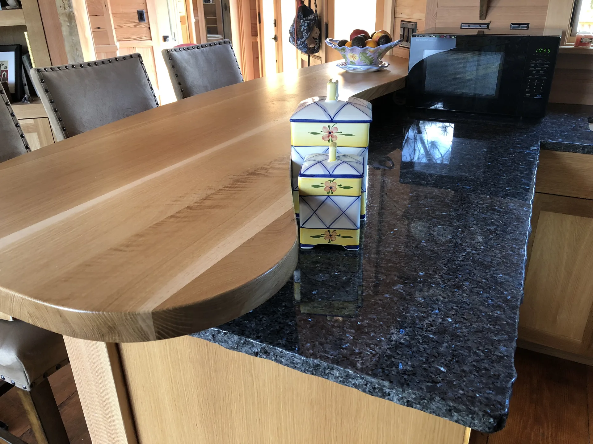 Blue Pearl granite breakfast bar with chiseled edge